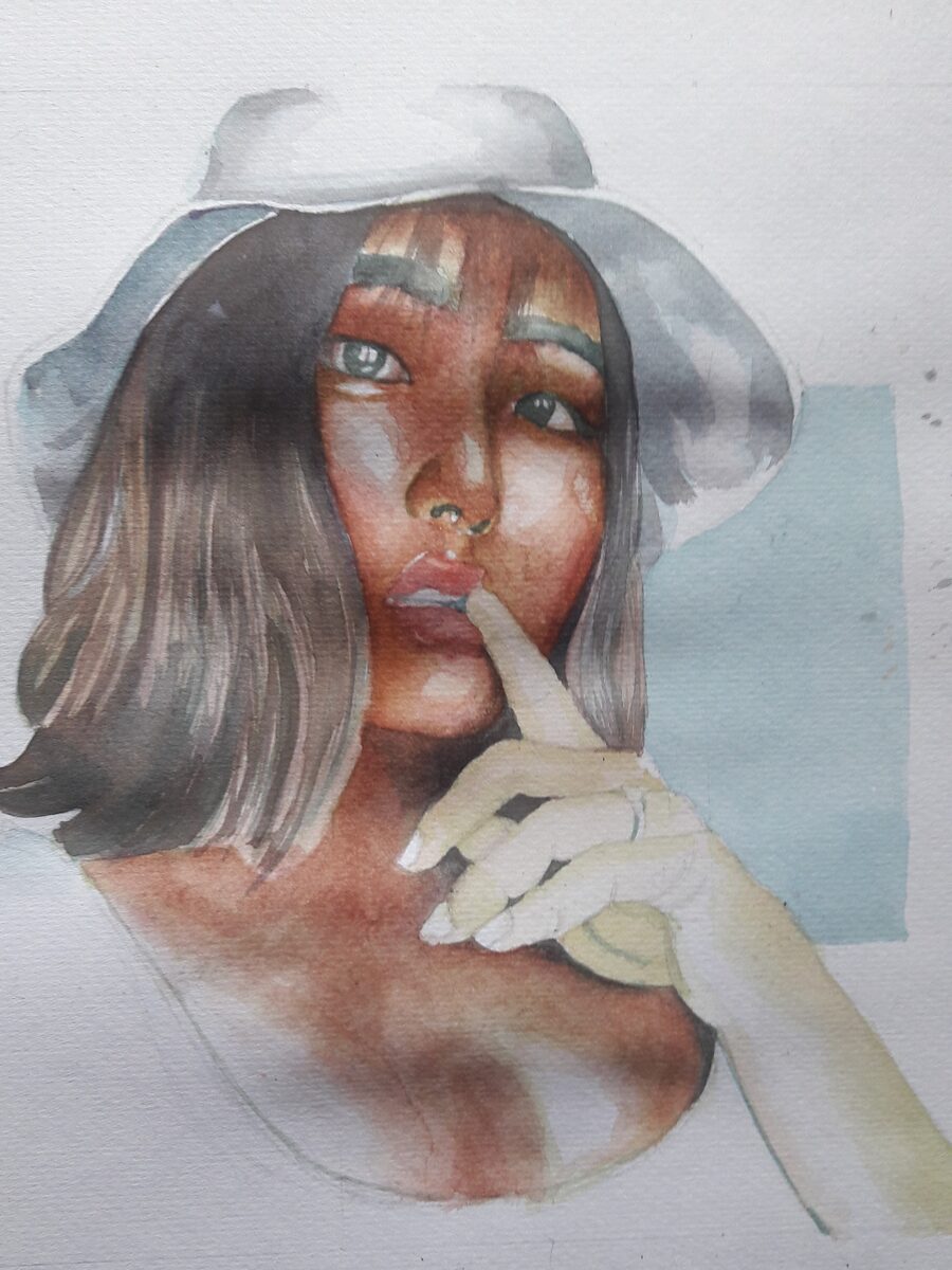 Watercolor portrait with hat
