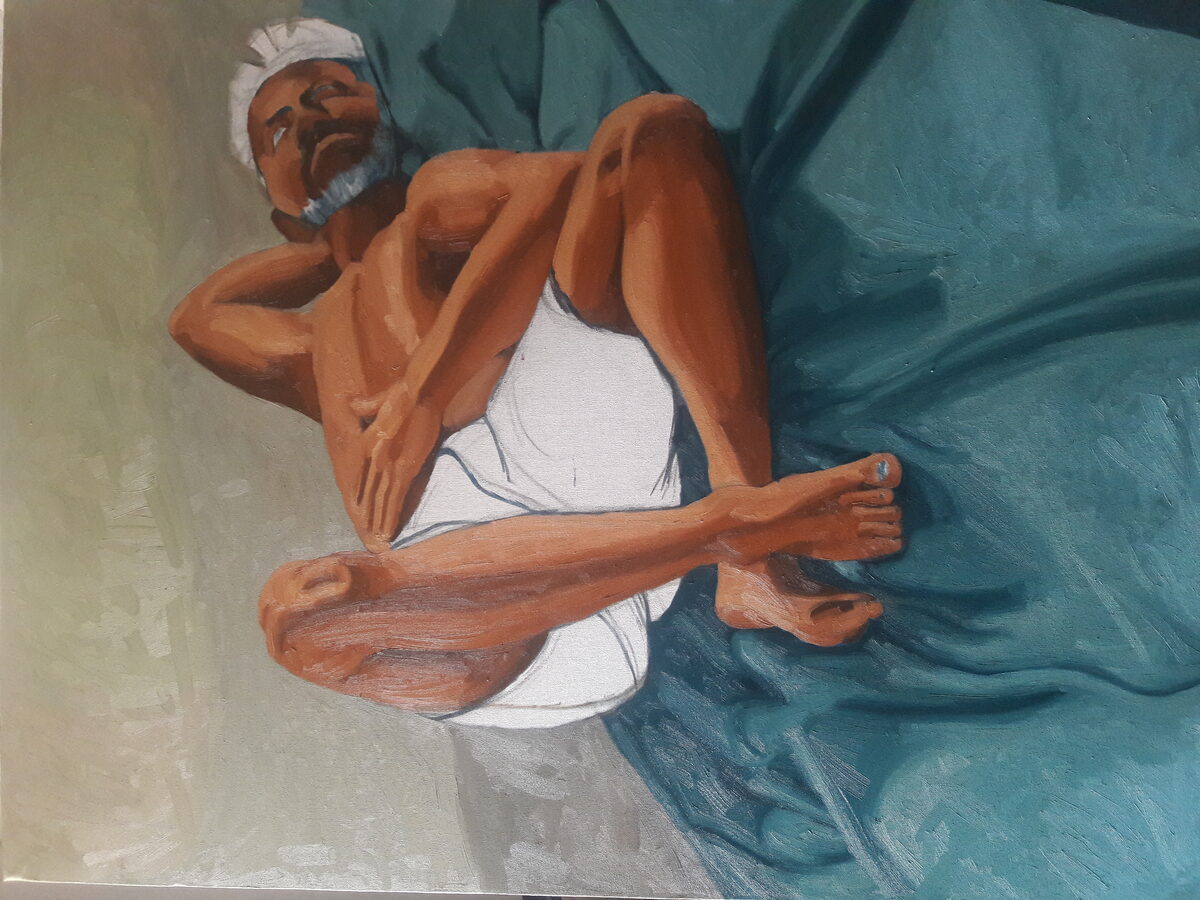 Oil painting of seated old man